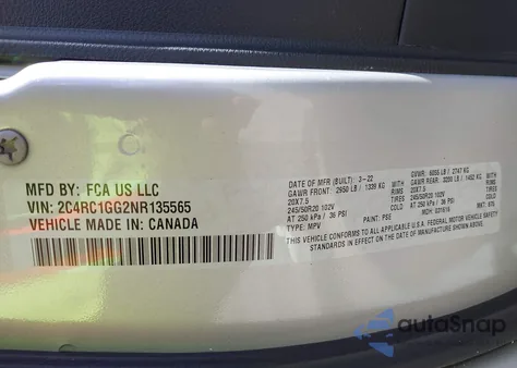 2022 Chrysler Pacifica Limited из США, поврежденный, VIN 2C4RC1GG2NR135565